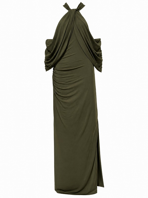 【新品DRESS 1920】ホルターネックドレープオープンショルダータイトロングドレス カーキ【KAREN MILLEN】